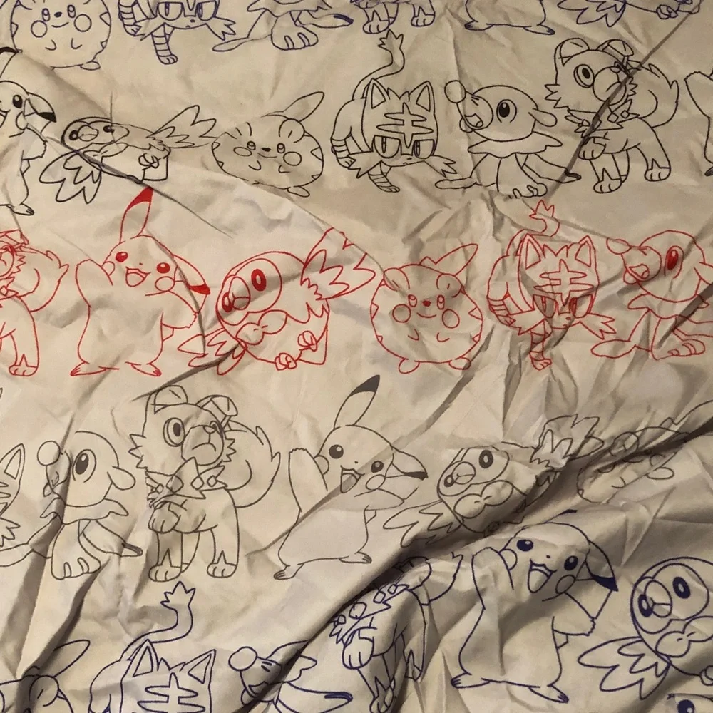 Pokemon Character Print Twin/Full Sheet - Red & Blue Line Art on White